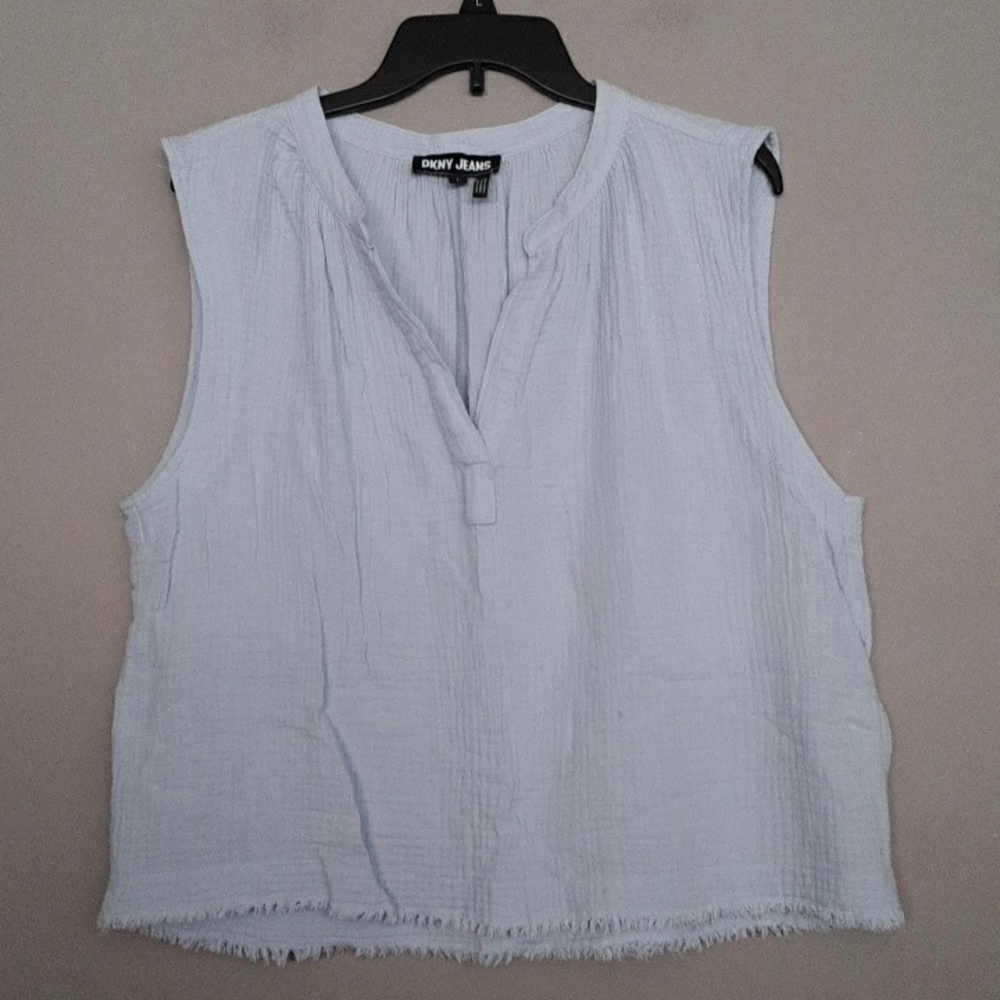 DKNY Light Blue Sleeveless Split-Neck Tank